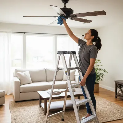 A person standing on a step ladder cleaning dust off a ceiling fan blade with a microfiber cloth, depicting maintenance.