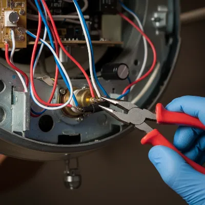 A close-up view of a ceiling fan's internal wiring, with a hand carefully disconnecting wires from a pull chain switch.