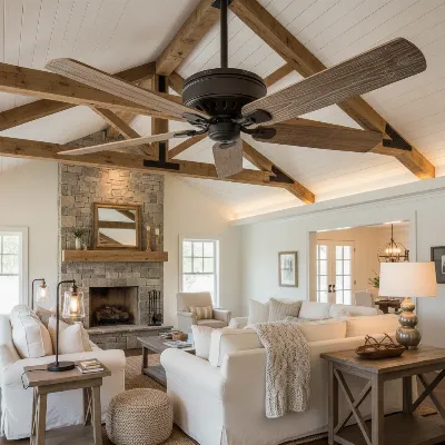 A rustic farmhouse ceiling fan with natural wood blades and a dark metal finish in a living room.