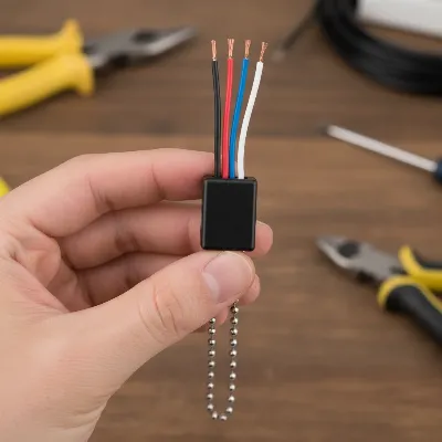 A hand holding a ceiling fan pull chain switch with several colored wires, highlighting the switch's body and wire connections for identification.