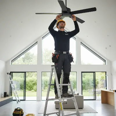 An electrician installing a large ceiling fan on a high vaulted ceiling, demonstrating the careful process.