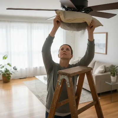 A person using the pillowcase method to clean a dusty ceiling fan blade without mess